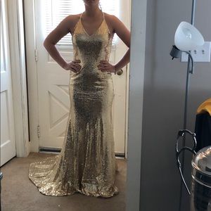 Gold sequin v-neck gown with train